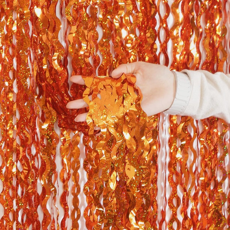 KEEUH 4 Pack Orange Wavy Metallic Tinsel Foil Fringe Curtains | 3.3 ft x 6.6 ft Party Streamer Backdrop Photo Booth for Orange Basketball Party Decorations Holloween Christmas - Image 1